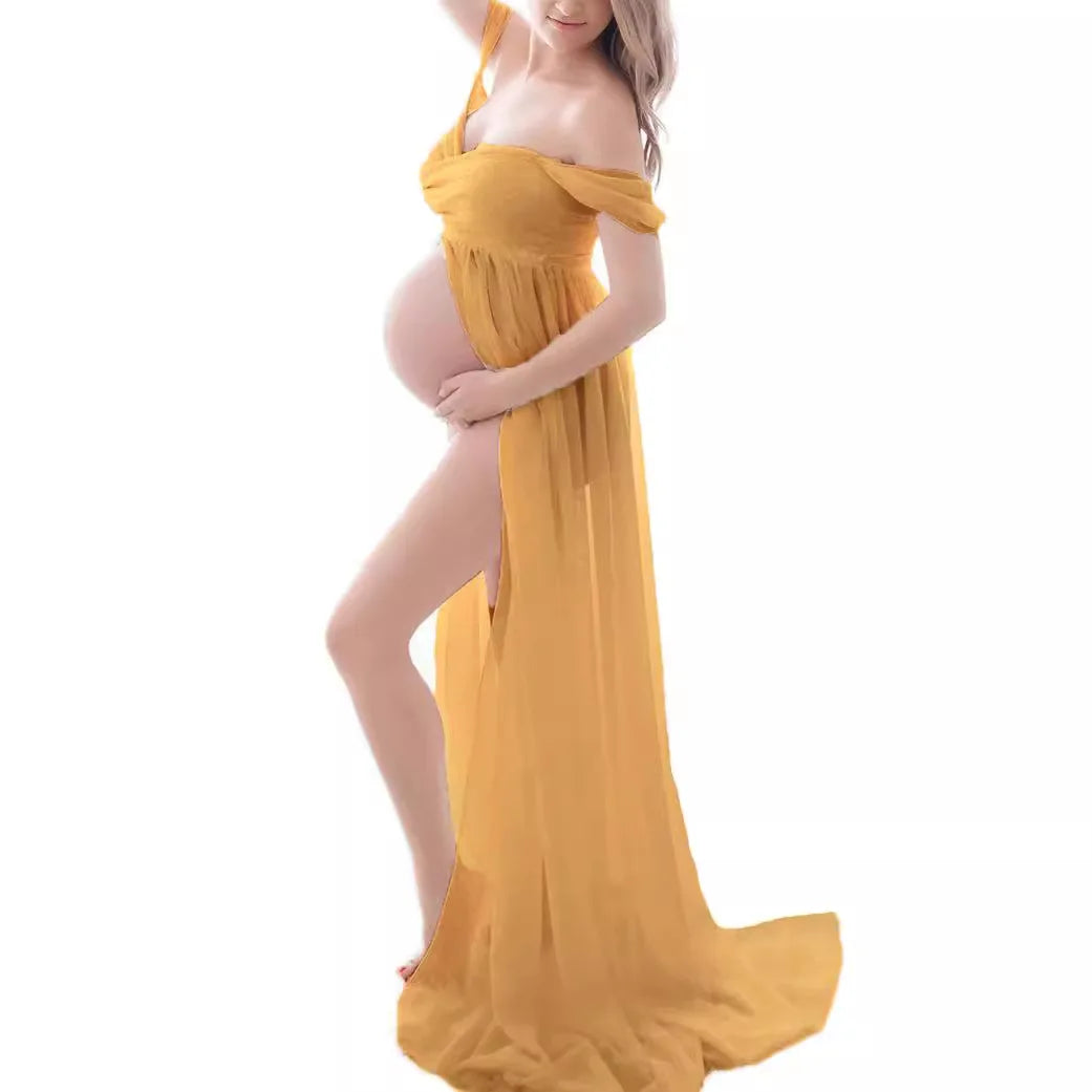 Sheer Off-Shoulder Maternity Photoshoot Gown