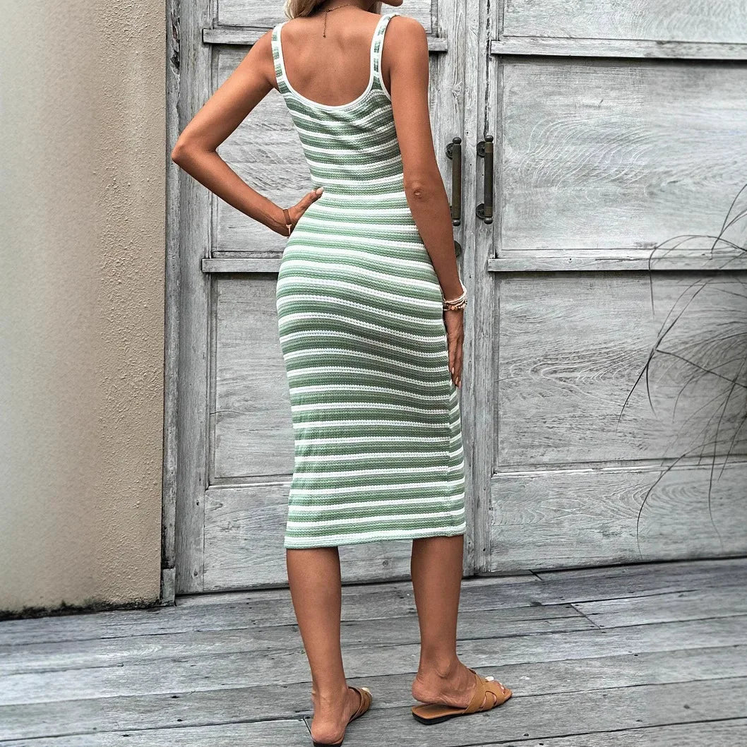 Striped Ribbed Knit Midi Dress