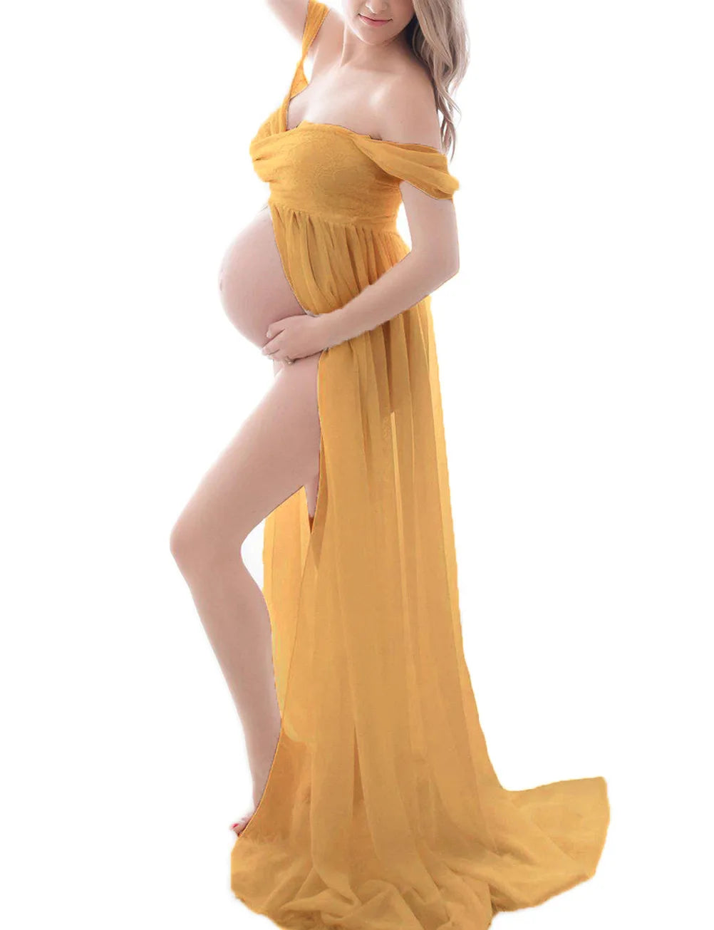 Sheer Off-Shoulder Maternity Photoshoot Gown