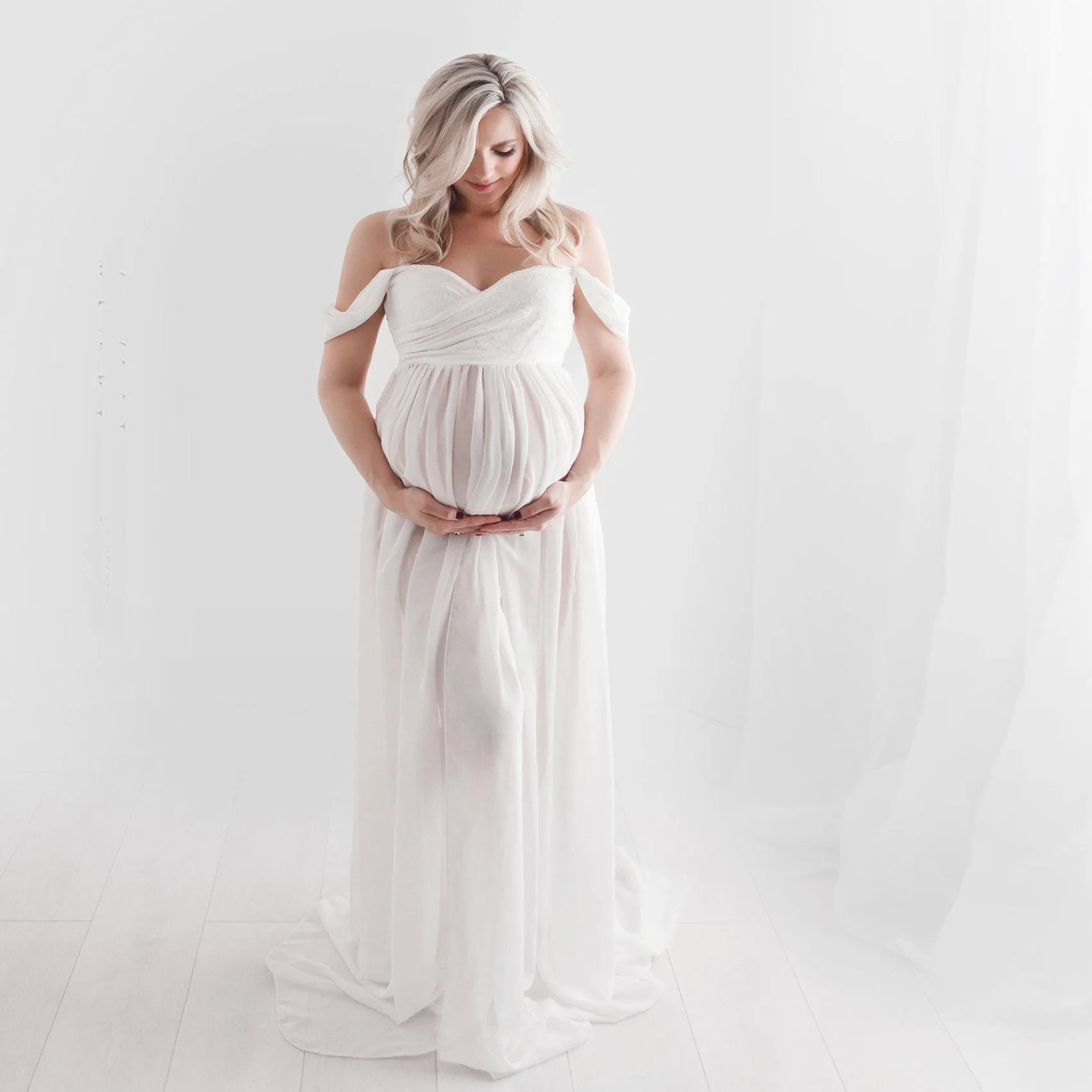 Sheer Off-Shoulder Maternity Photoshoot Gown