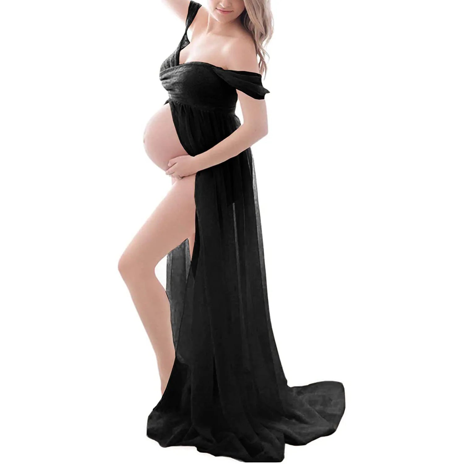 Sheer Off-Shoulder Maternity Photoshoot Gown