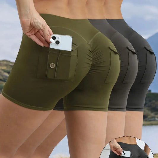 Women’s Pleated Fitness Legging Shorts with Pocket