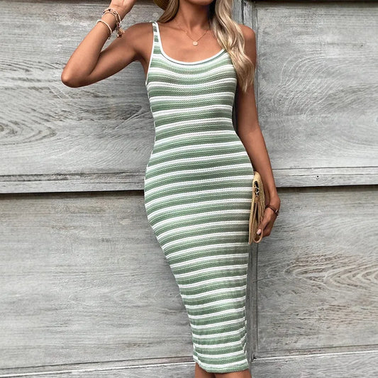 Striped Ribbed Knit Midi Dress
